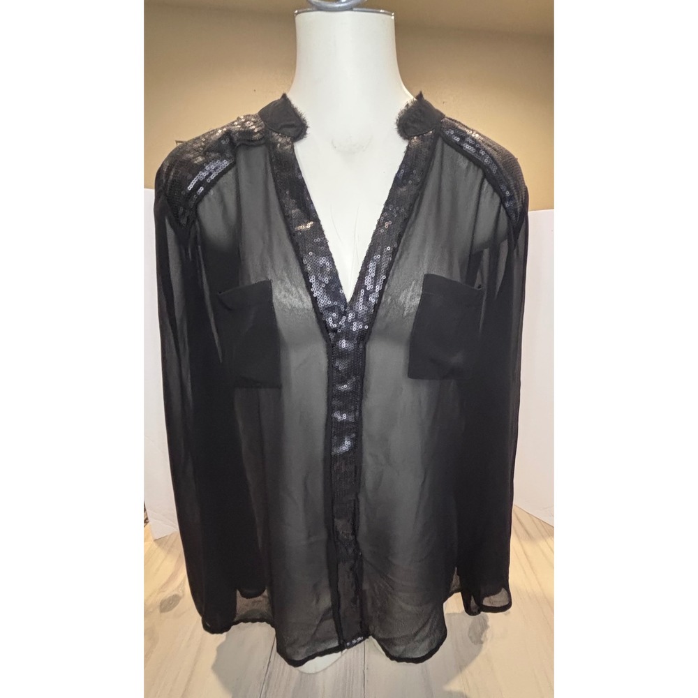 Torrid Women's Black Sheer Sequin Blouse Plus Size 1 Long Sleeve V-Neck Top EUC